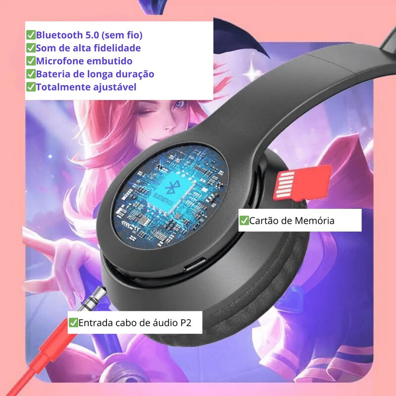 Fone de ouvido de Gatinho Bluetooth com Microfone - Hahweb Shopping