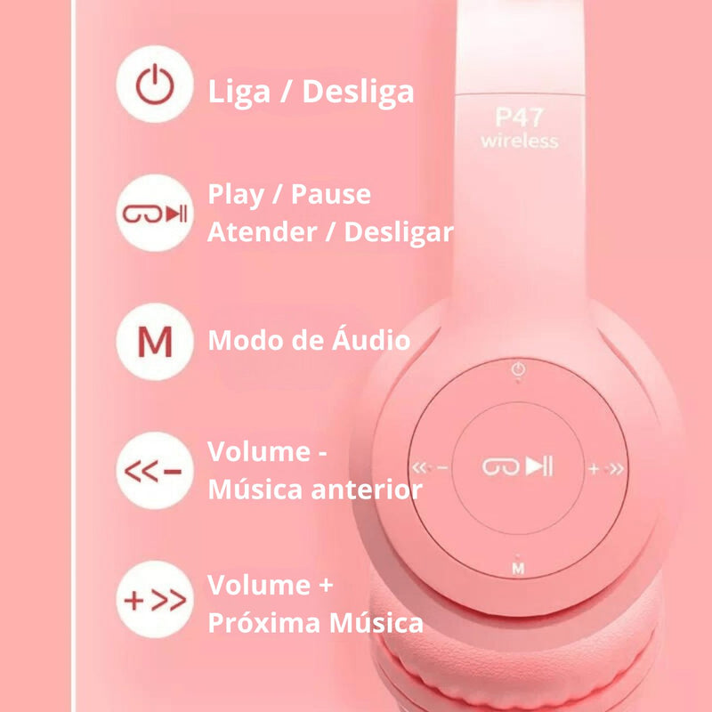 Fone de ouvido de Gatinho Bluetooth com Microfone - Hahweb Shopping